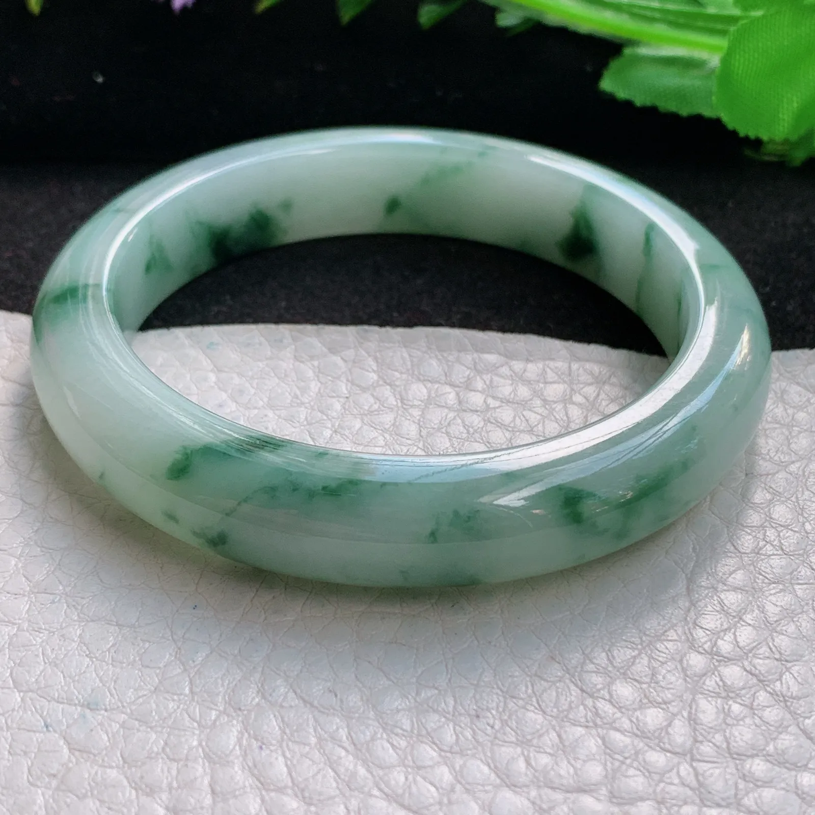 hy自然光54.5*11.5*8.5平安镯 缅甸翡翠a货精美冰飘花宽边玉手镯 玉手环