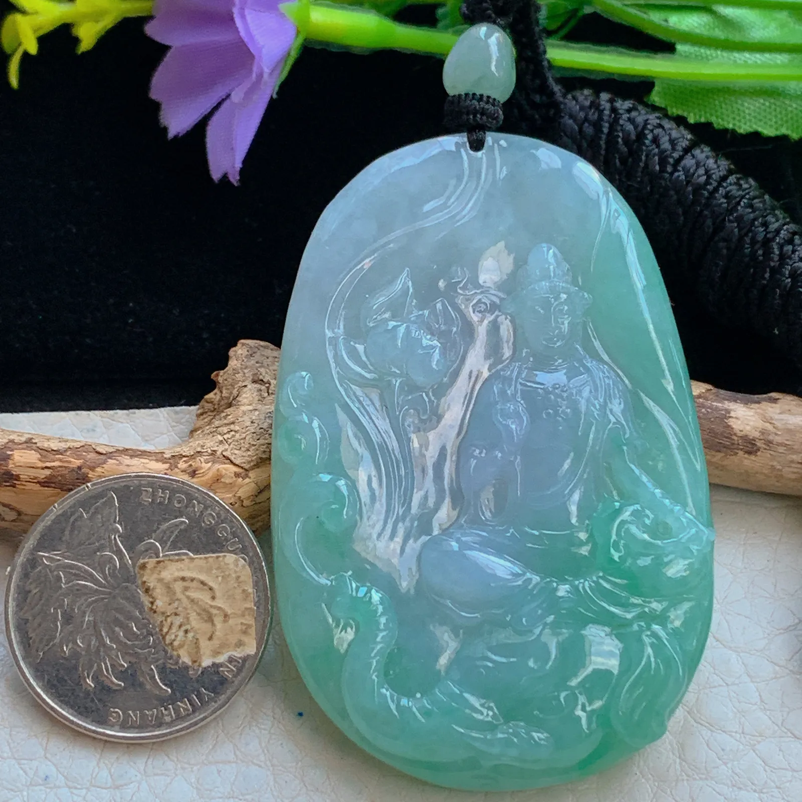 yl实拍63.3*41.5*8.5缅甸翡翠a货春带彩普贤菩萨 玉观音玉吊坠 玉挂件