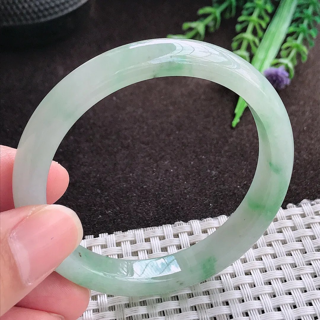 天然a货翡翠54.5/9.6/7.3老坑冰润起胶飘花手镯宽边翡翠玉手镯