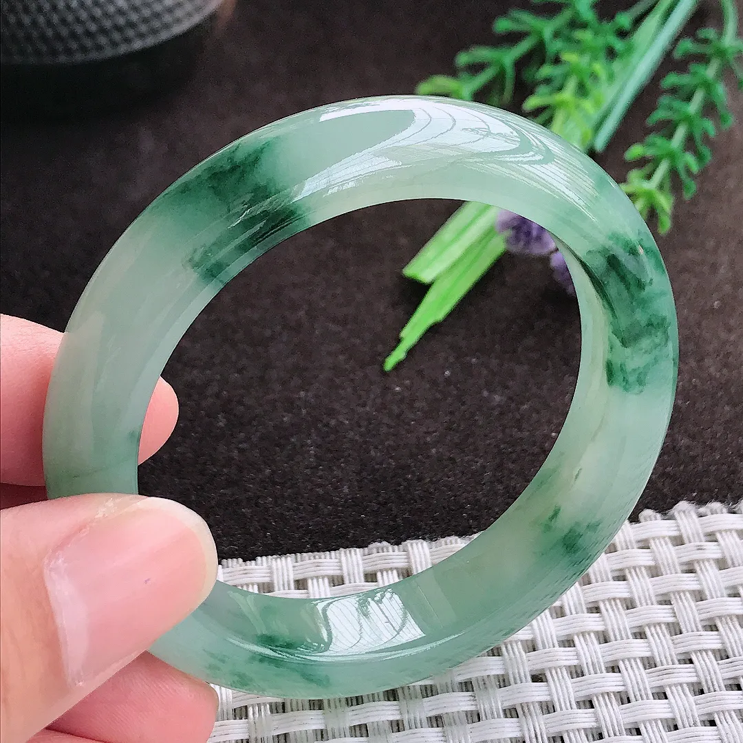 天然a货翡翠50.5/11.8/7.9老坑冰胶果冻飘花手镯宽边翡翠玉小圈口手镯