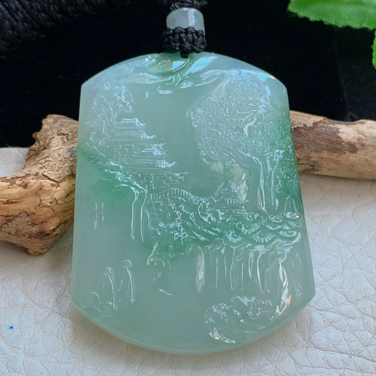 yl实拍49.5*37*6.3缅甸翡翠a货冰润山水 大好河山玉吊坠 玉挂件