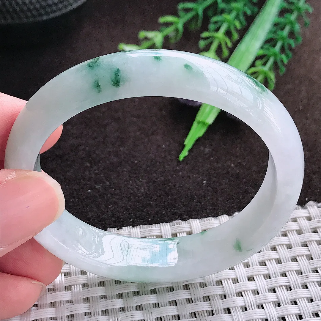 天然a货翡翠53/47/13.2/7老坑精美飘花贵妃手镯宽边翡翠玉手镯