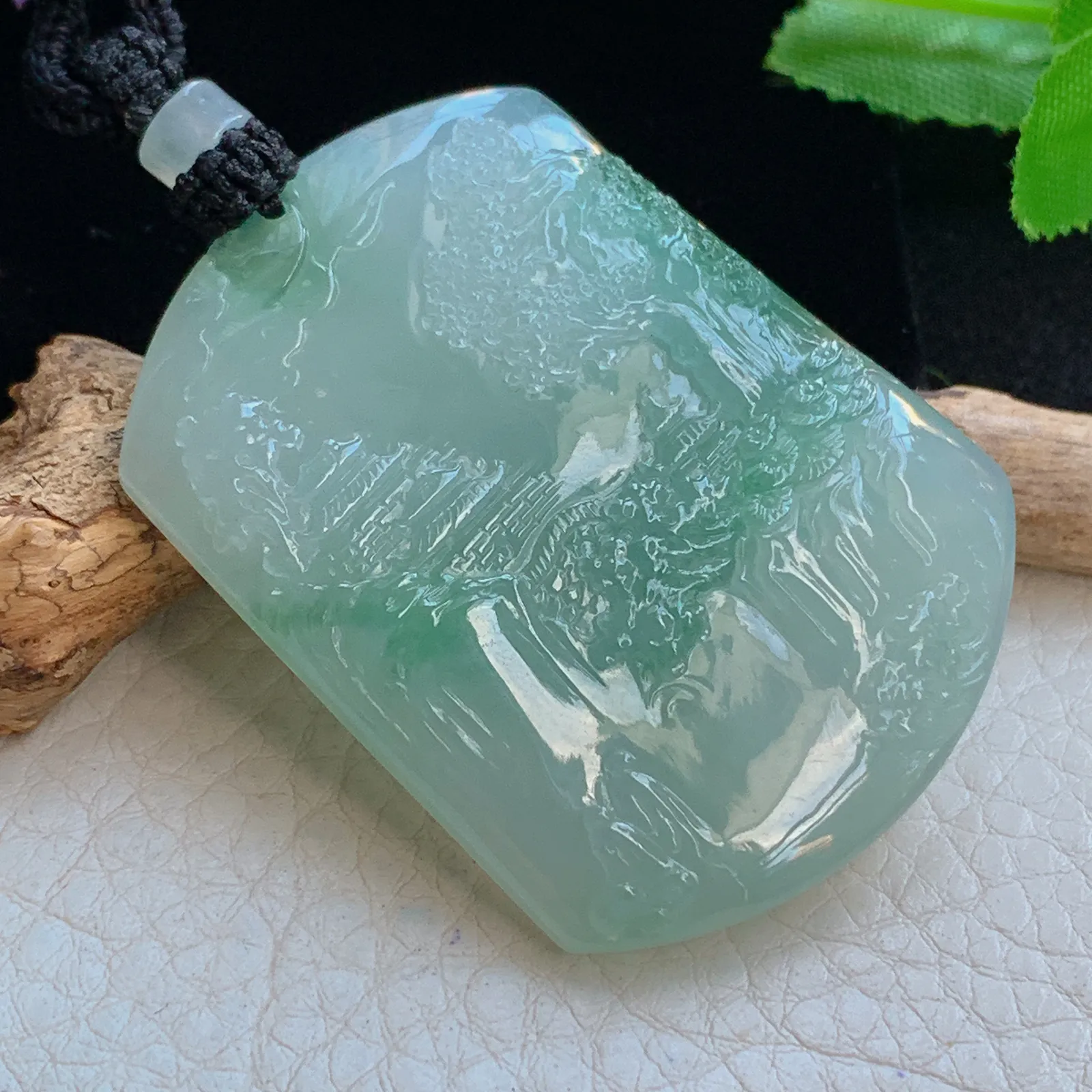 yl实拍49.5*37*6.3缅甸翡翠a货冰润山水 大好河山玉吊坠 玉挂件