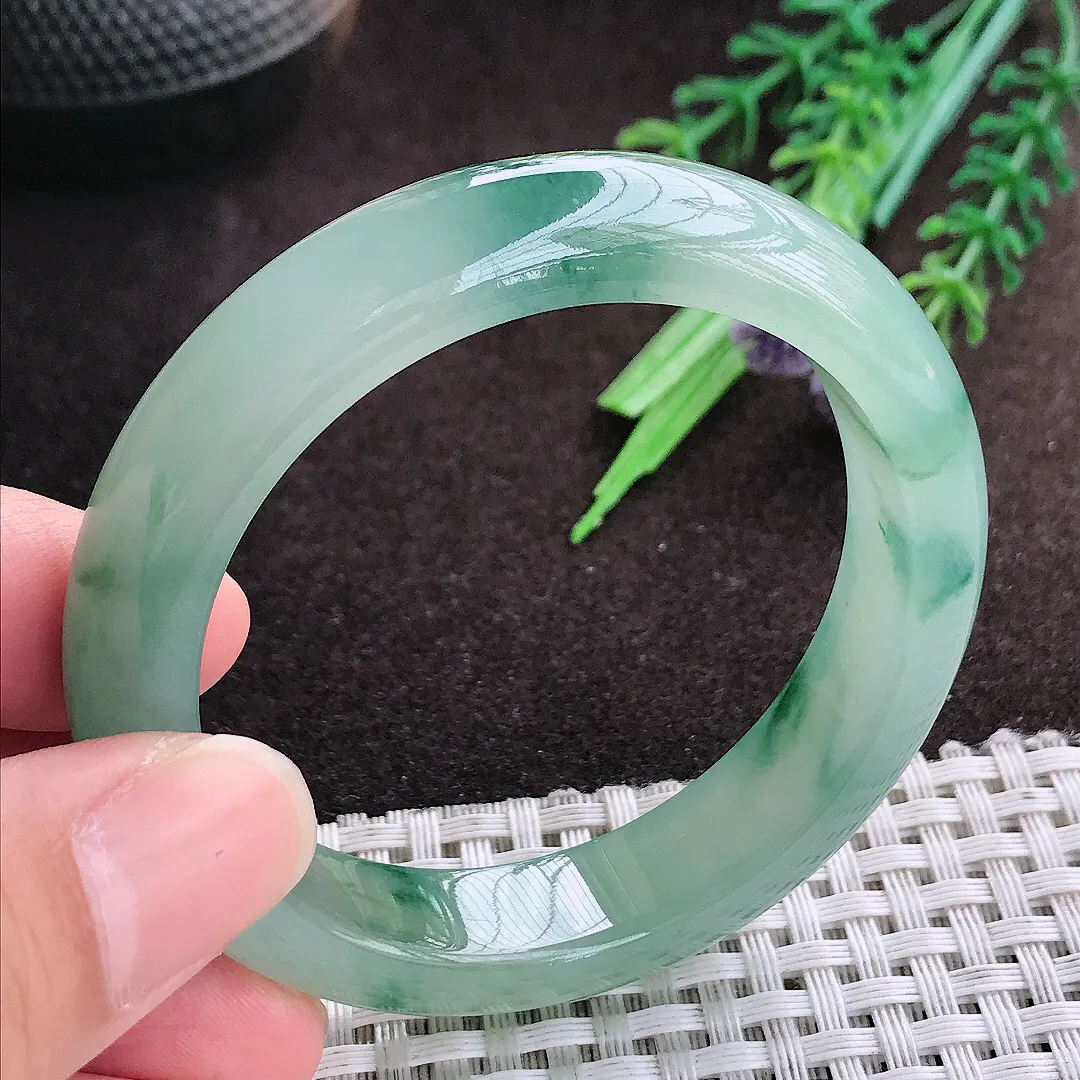 天然a货翡翠50.5/11.8/7.9老坑冰胶果冻飘花手镯宽边翡翠玉小圈口手镯