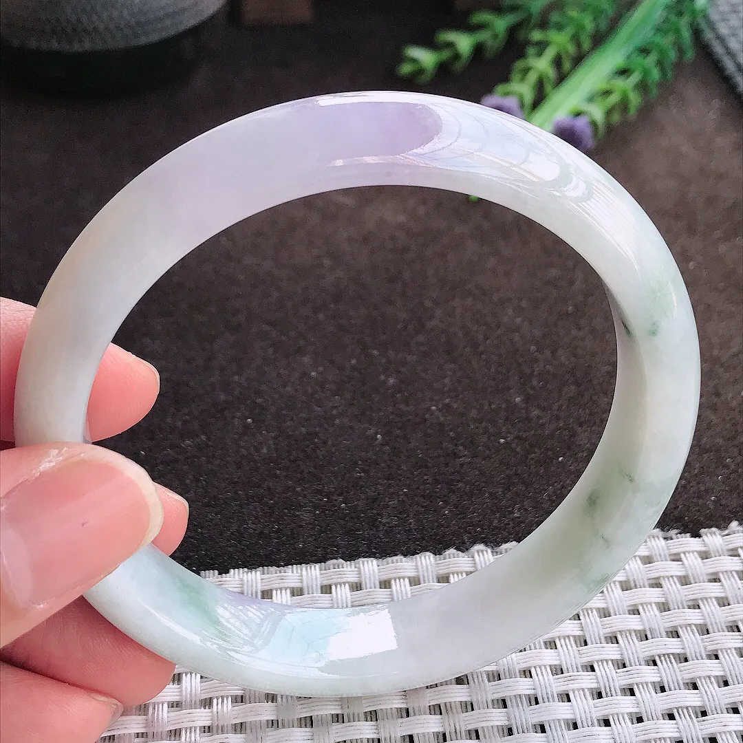 天然a货翡翠62.5/13/8老坑冰润紫罗兰飘花手镯大圈口宽边翡翠玉手镯