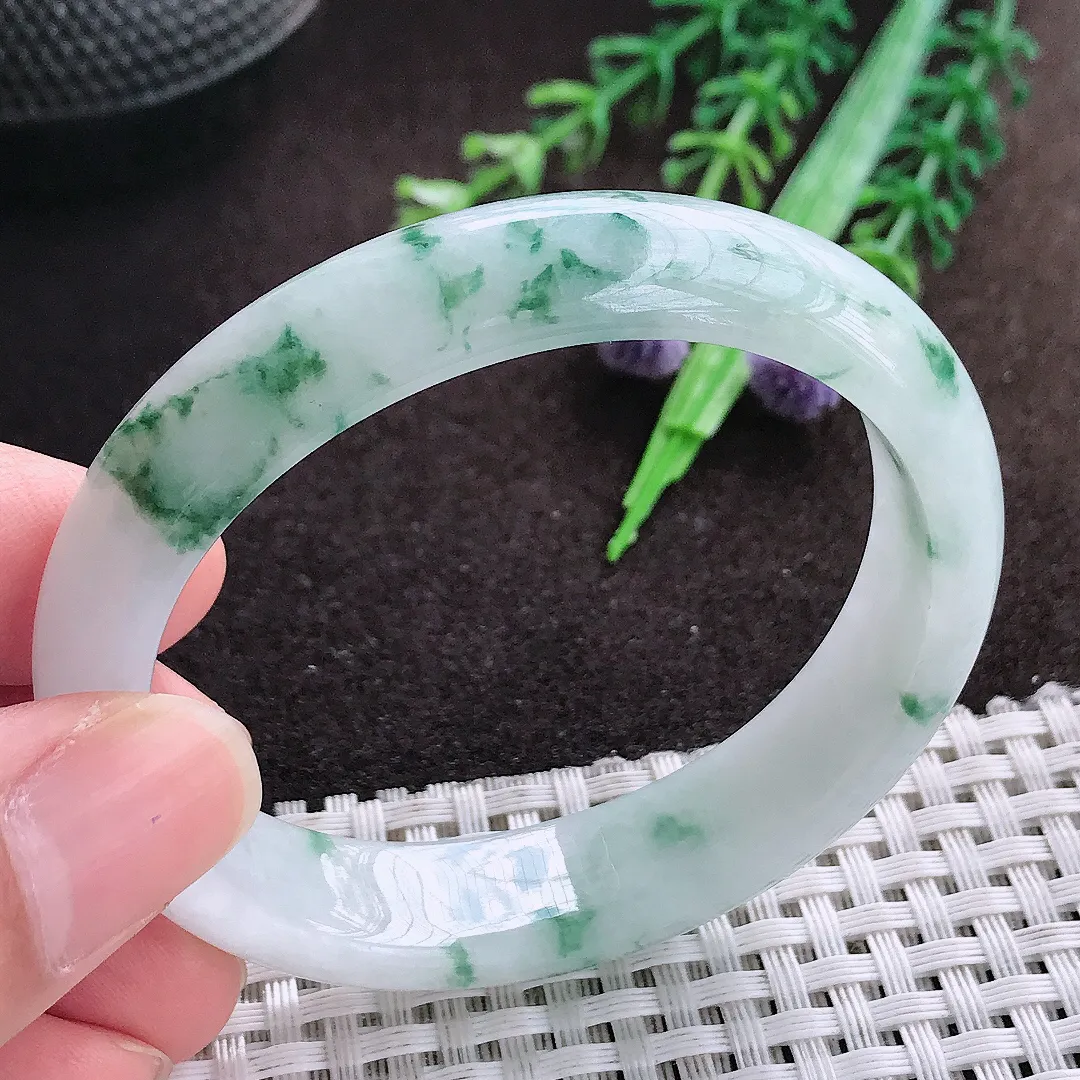 天然a货翡翠53/47/13.2/7老坑精美飘花贵妃手镯宽边翡翠玉手镯