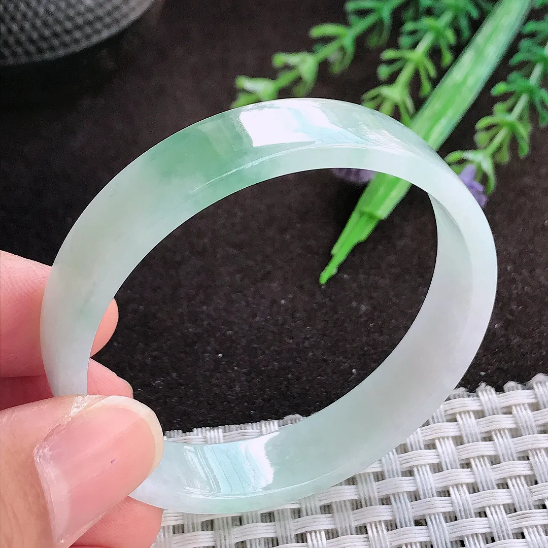 天然a货翡翠51.5/11.3/3.7老坑冰透起胶飘花平安镯宽边翡翠玉手镯