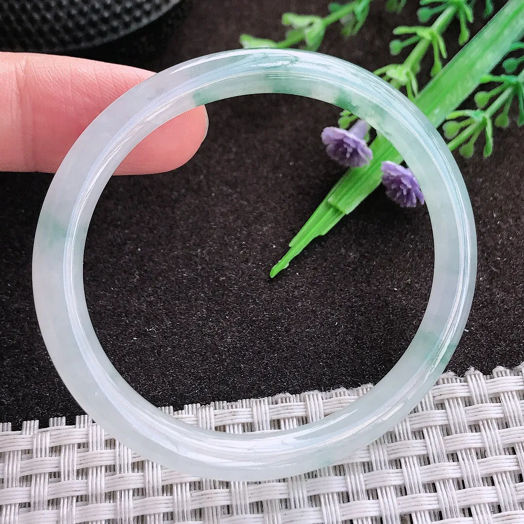 天然a货翡翠53.5/48/6/6.3老坑冰胶水灵飘花贵妃手镯翡翠玉手镯