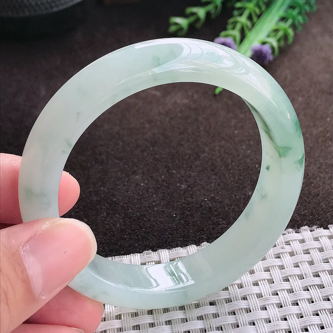 天然a货翡翠54/13.2/8.1老坑冰胶果冻飘花手镯宽边翡翠玉手镯