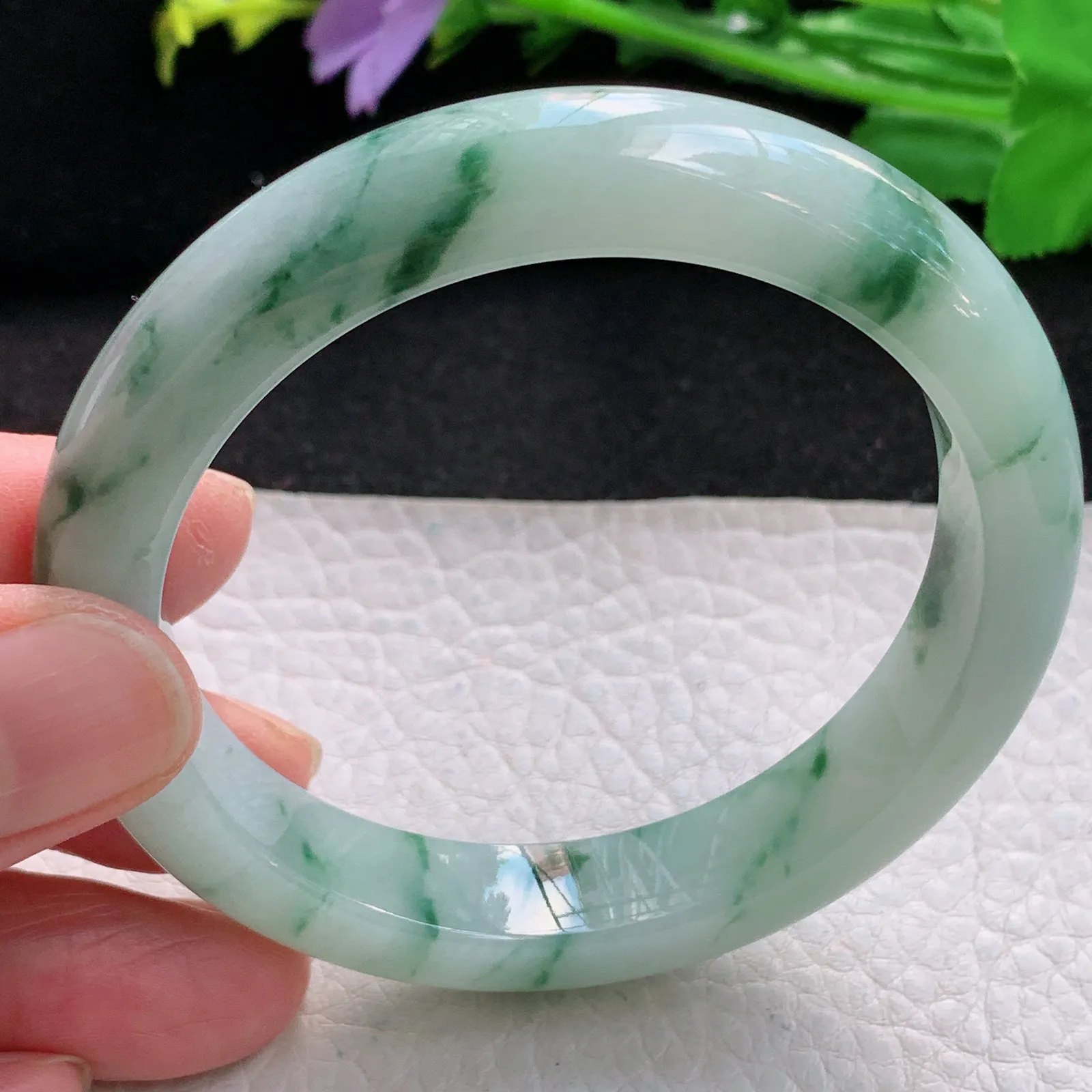 hy自然光54.5*11.5*8.5平安镯 缅甸翡翠a货精美冰飘花宽边玉手镯 玉手环