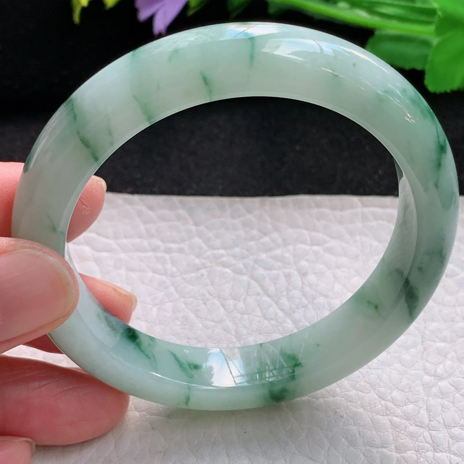 hy自然光54.5*11.5*8.5平安镯 缅甸翡翠a货精美冰飘花宽边玉手镯 玉手环