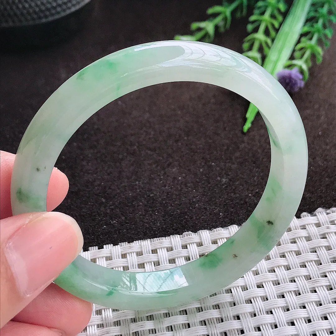 天然a货翡翠54.5/9.6/7.3老坑冰润起胶飘花手镯宽边翡翠玉手镯