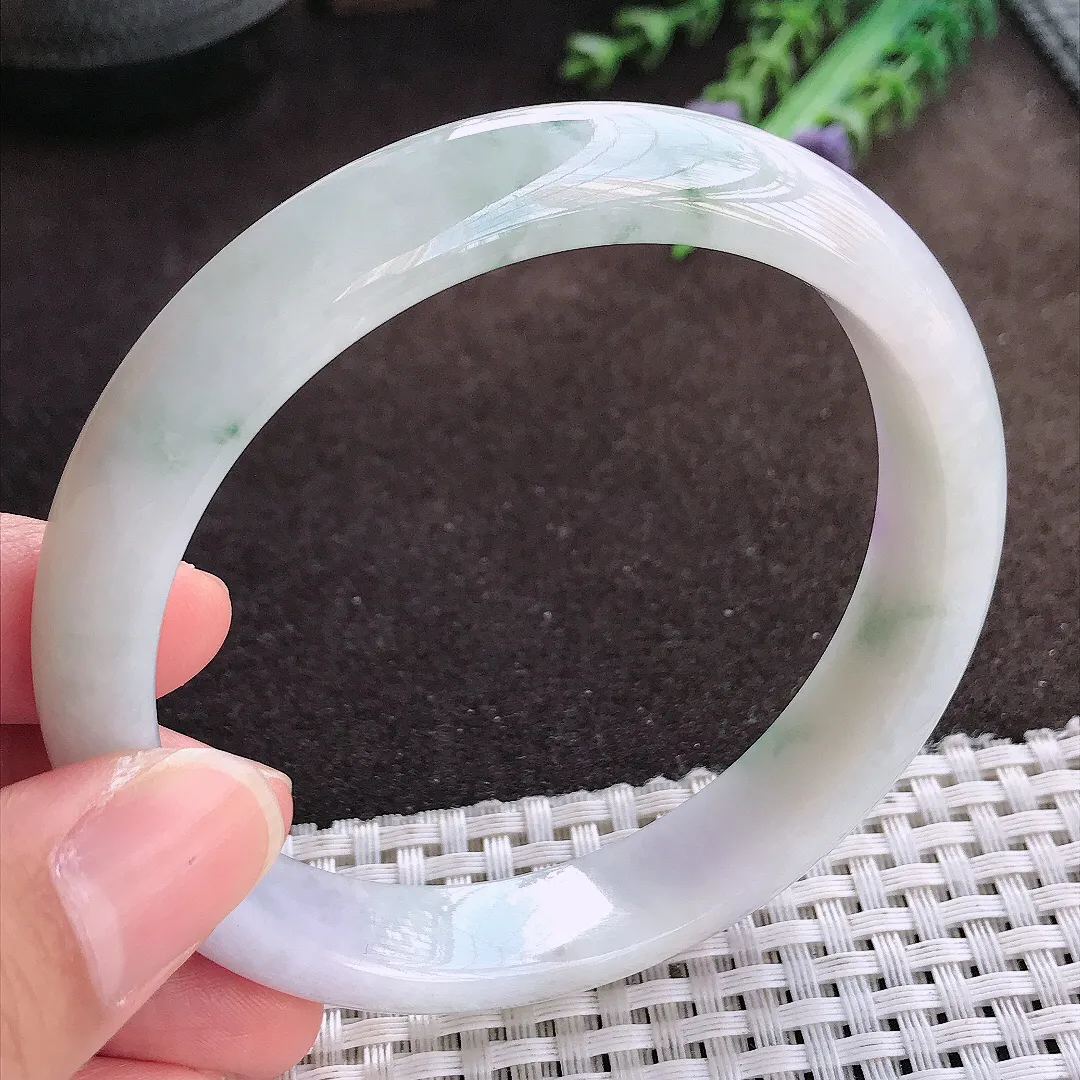 天然a货翡翠62.5/13/8老坑冰润紫罗兰飘花手镯大圈口宽边翡翠玉手镯