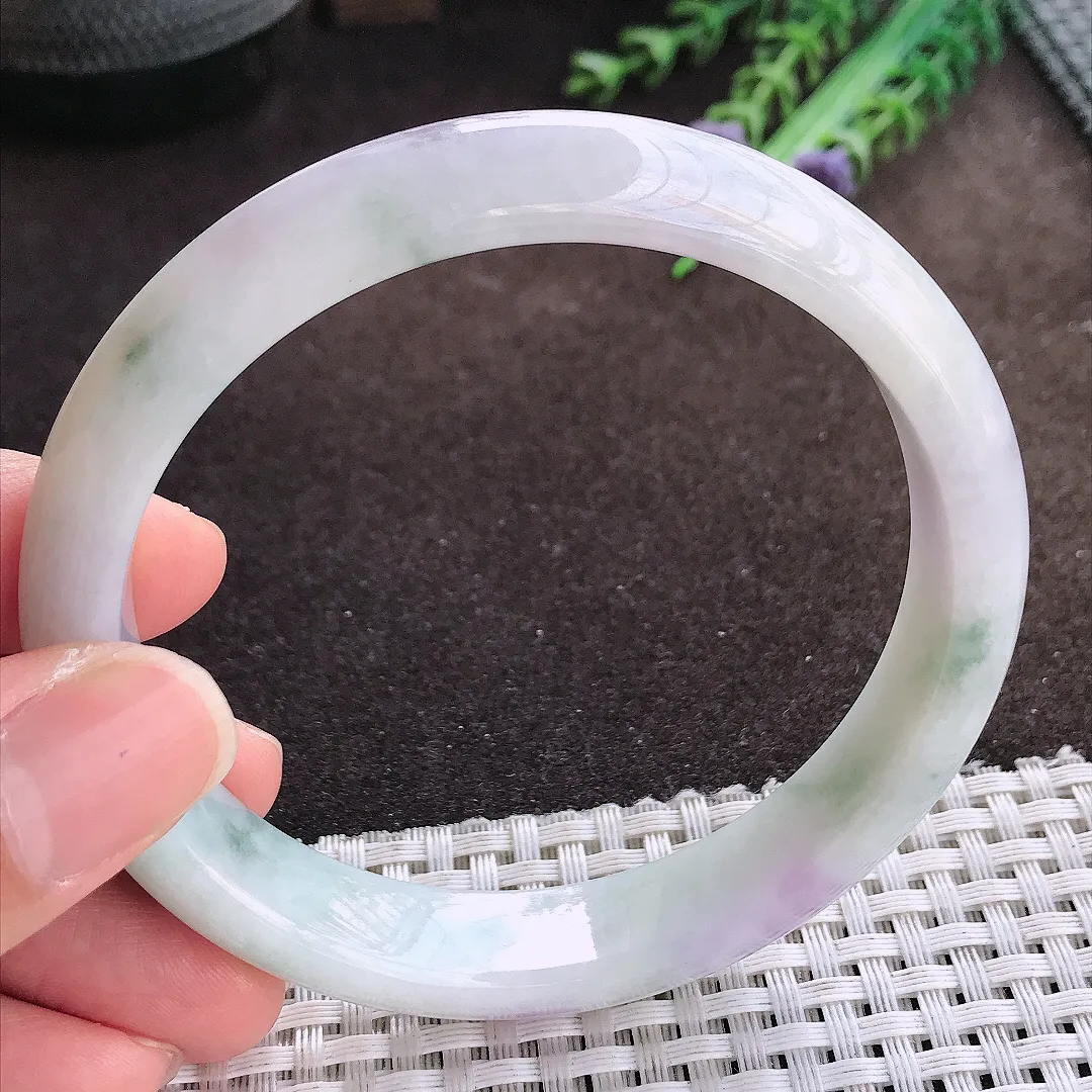 天然a货翡翠62.5/13/8老坑冰润紫罗兰飘花手镯大圈口宽边翡翠玉手镯