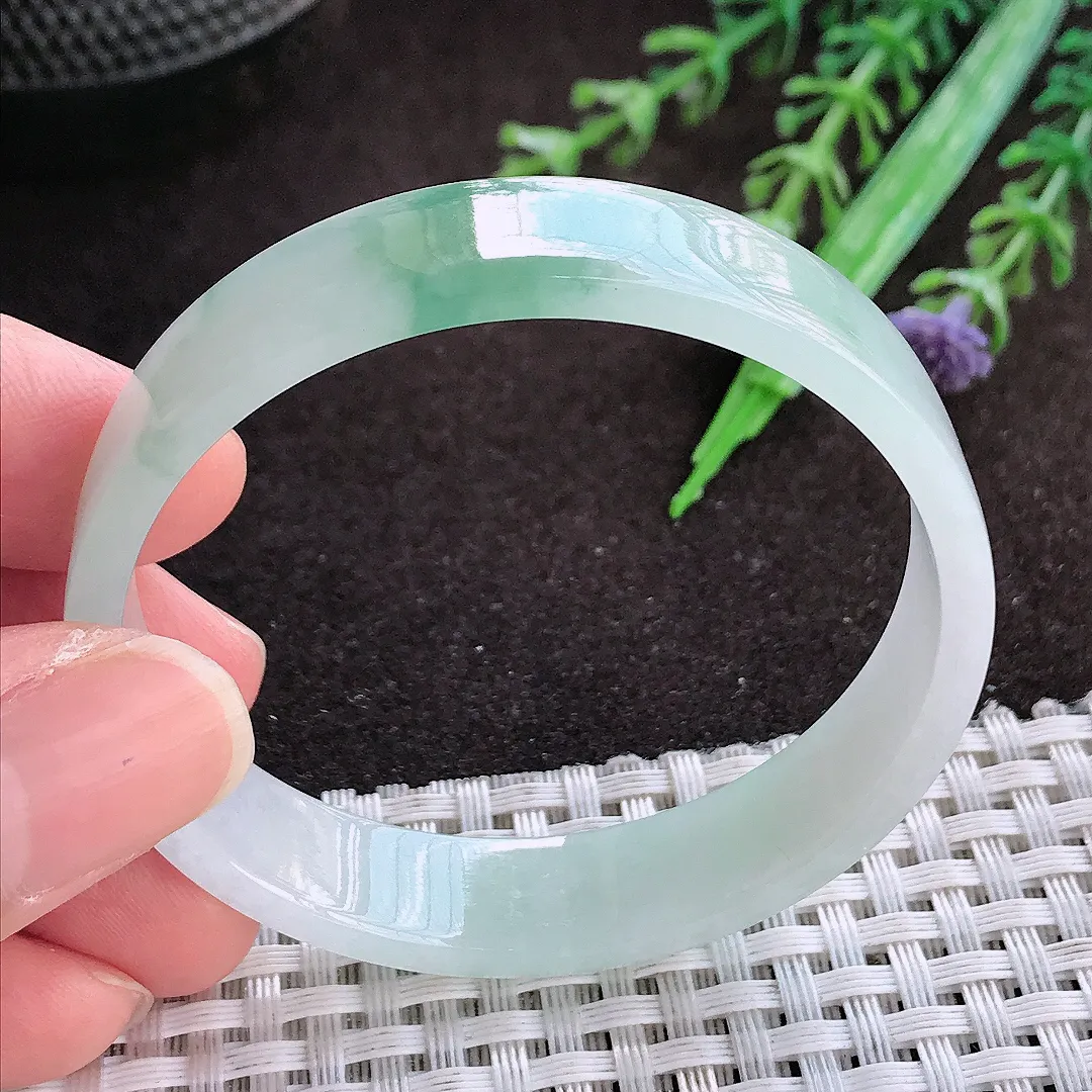 天然a货翡翠51.5/11.3/3.7老坑冰透起胶飘花平安镯宽边翡翠玉手镯