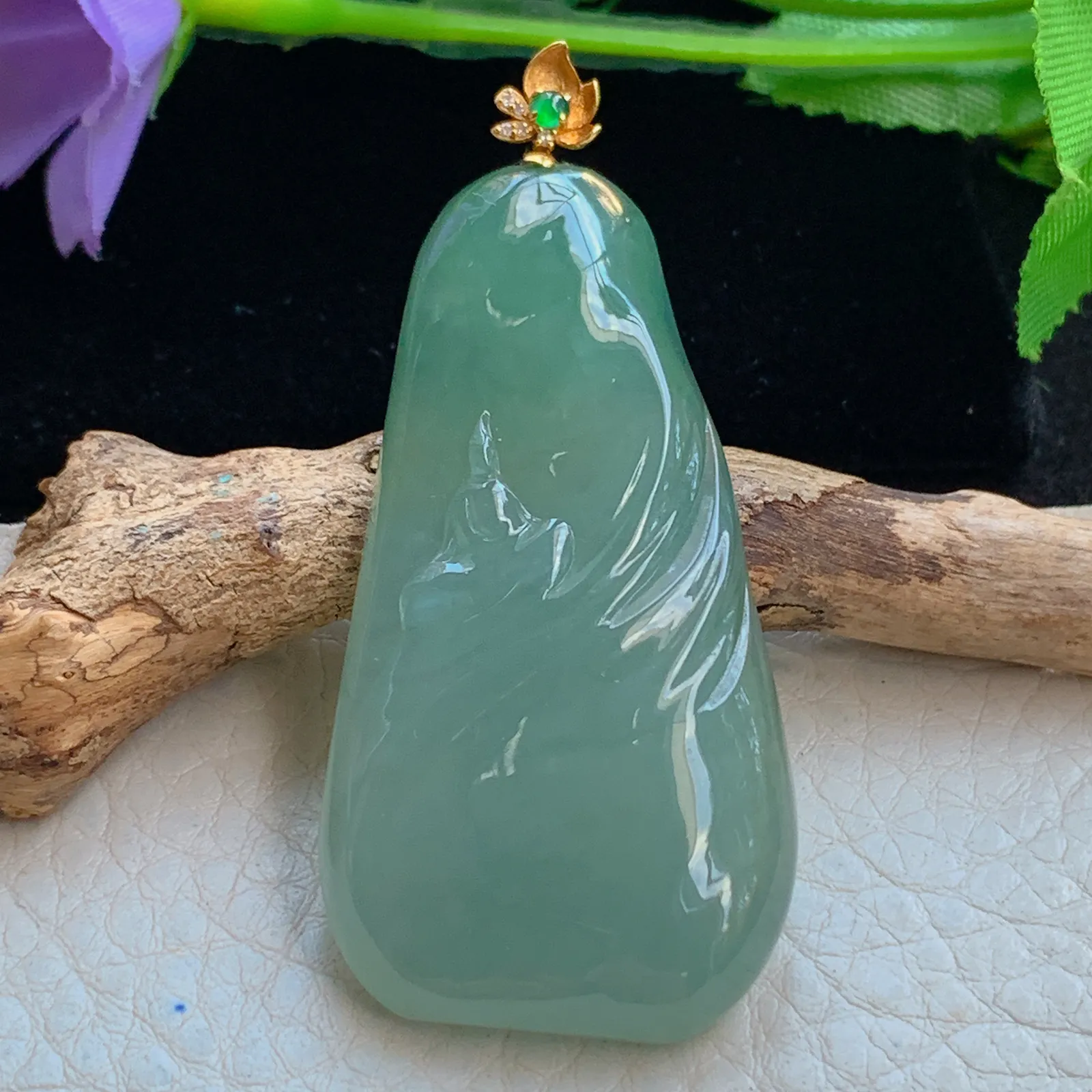 yl实拍51*26.8*6.5缅甸翡翠a货冰绿无相观音 玉观音玉吊坠 玉挂件