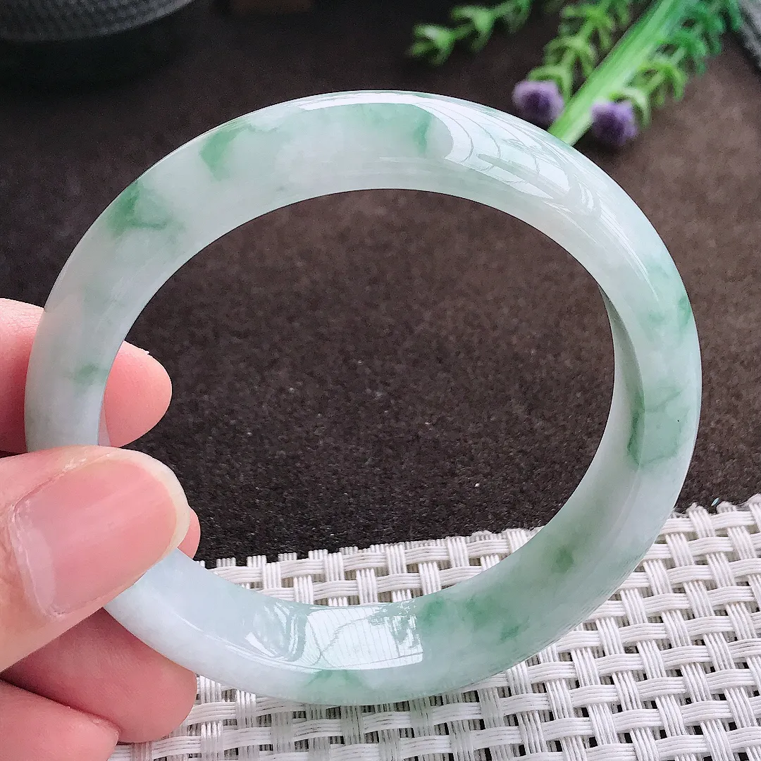 天然a货翡翠57.8/13.5/8老坑精美冰润飘花手镯宽边翡翠玉手镯