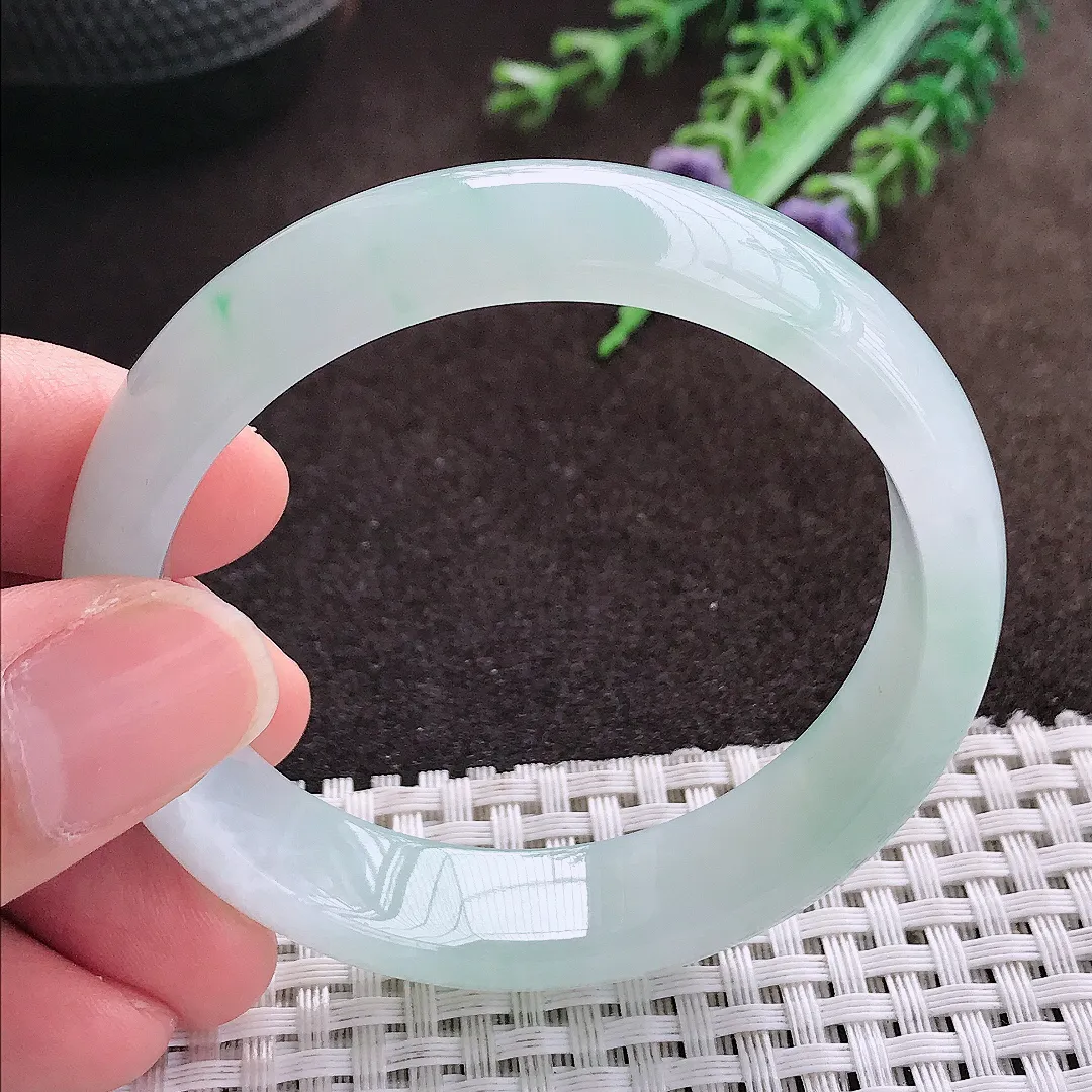 天然a货翡翠52/12.8/6.8老坑冰胶果冻飘花手镯宽小圈口翡翠玉手镯