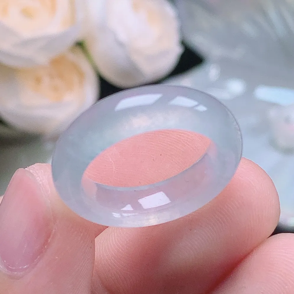 缅甸老坑冰种水润起胶白月光戒指玉指环  水润通透 尺寸：16.9-5.9-3.9mm 13-14号圈
