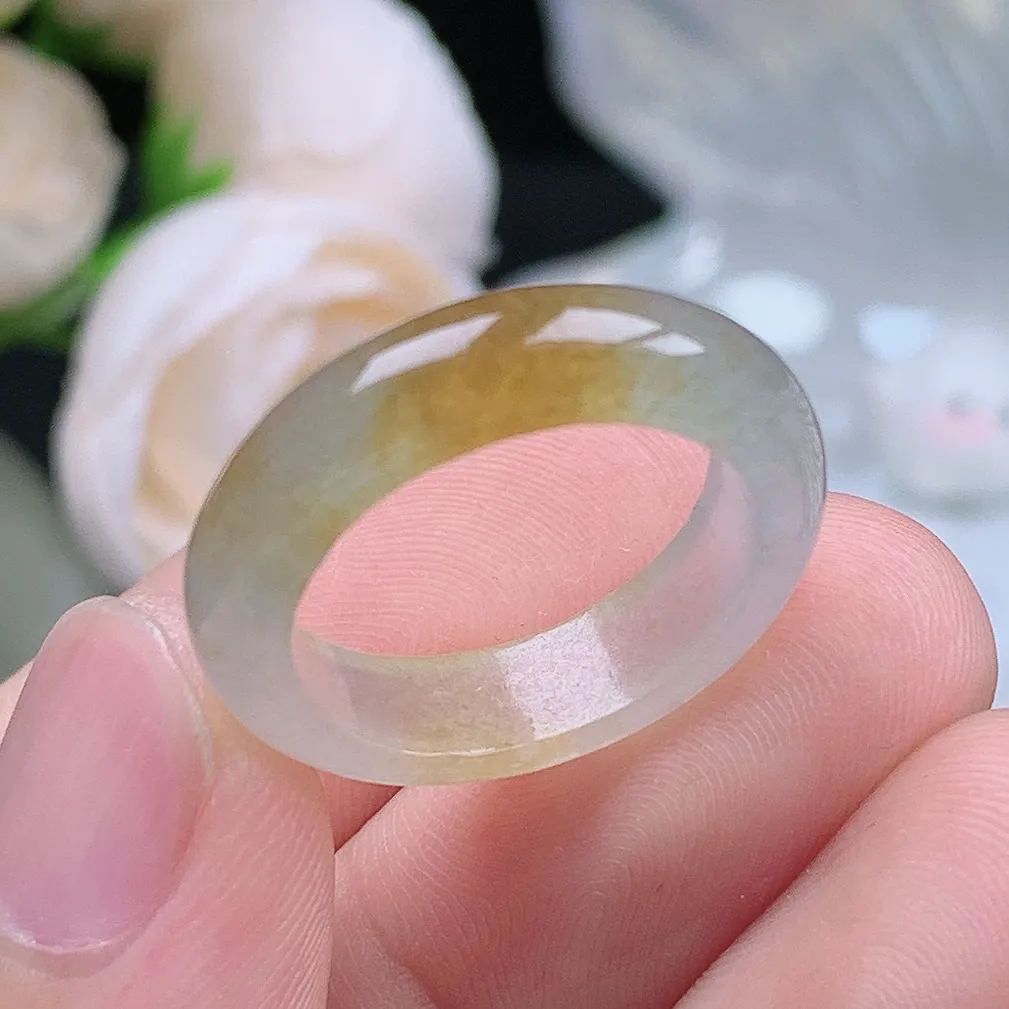 缅甸翡翠老坑冰种翡翠水润起胶冰黄翡戒指玉指环  水润通透 尺寸：17.5-5.4-3.7mm 15号圈口4S