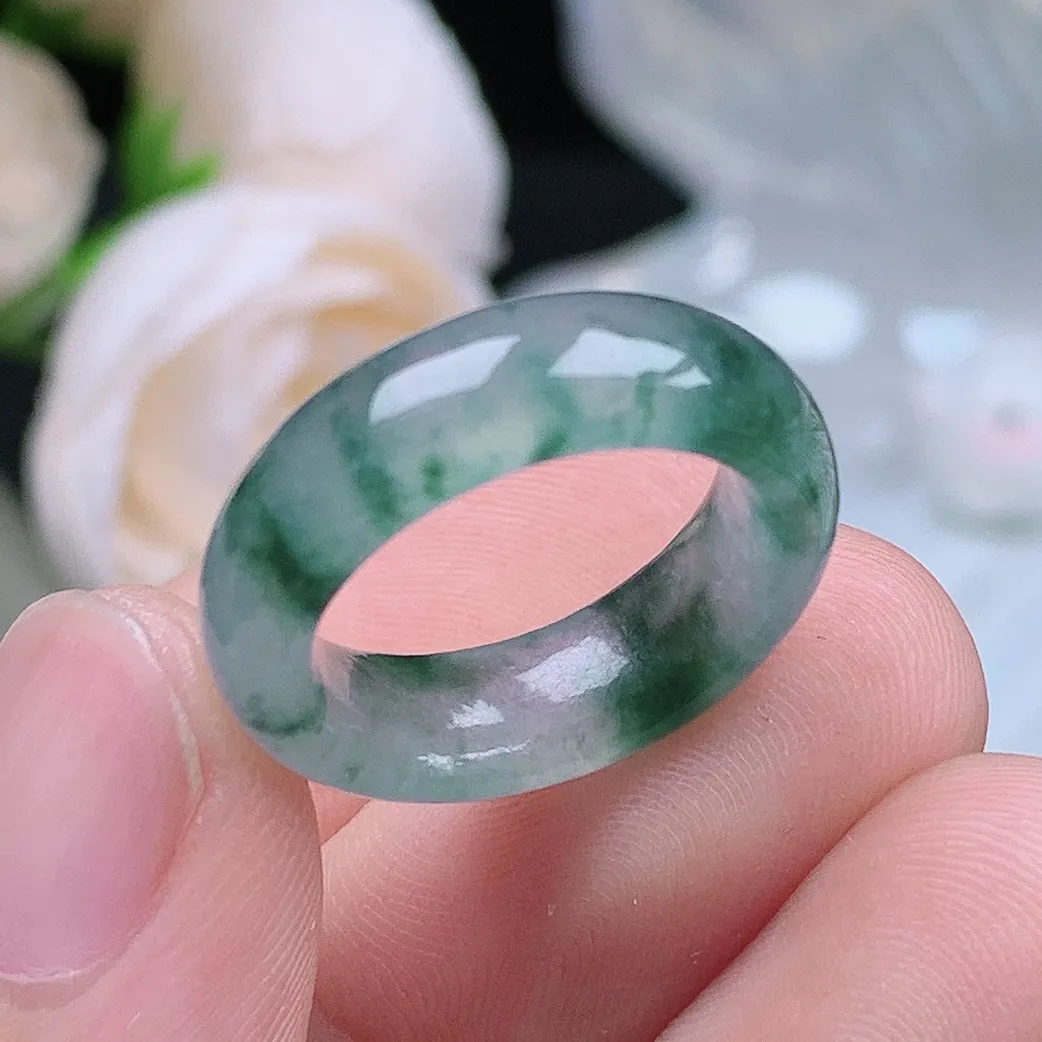 缅甸翡翠老坑冰种翡翠水润起胶飘花戒指玉指环  水润通透 尺寸：15.1-6.2-3.7mm 9-10