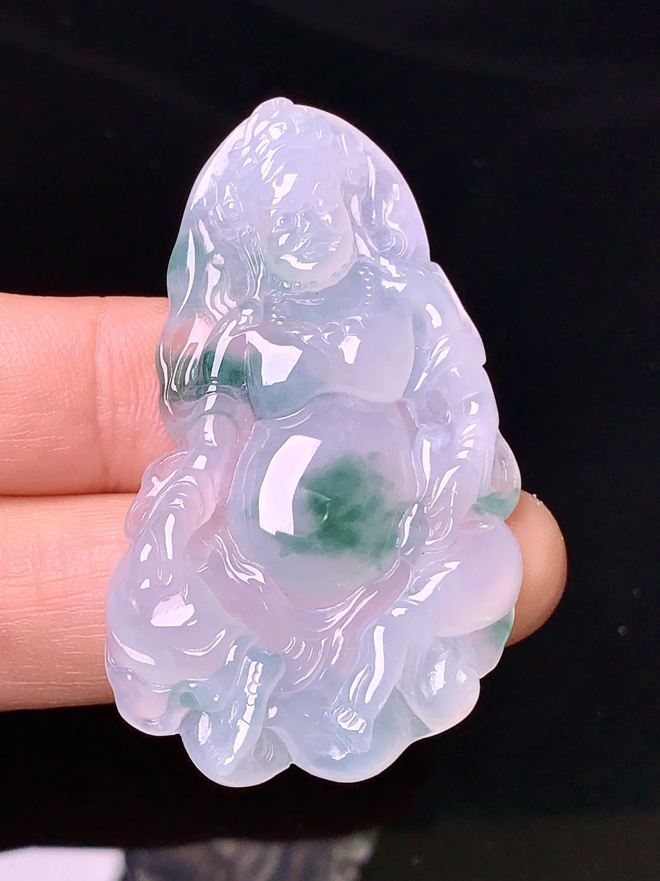 冰种飘绿黄财神吊坠 玉质细腻 色泽清新艳丽 整体尺寸48.5*28.8*5