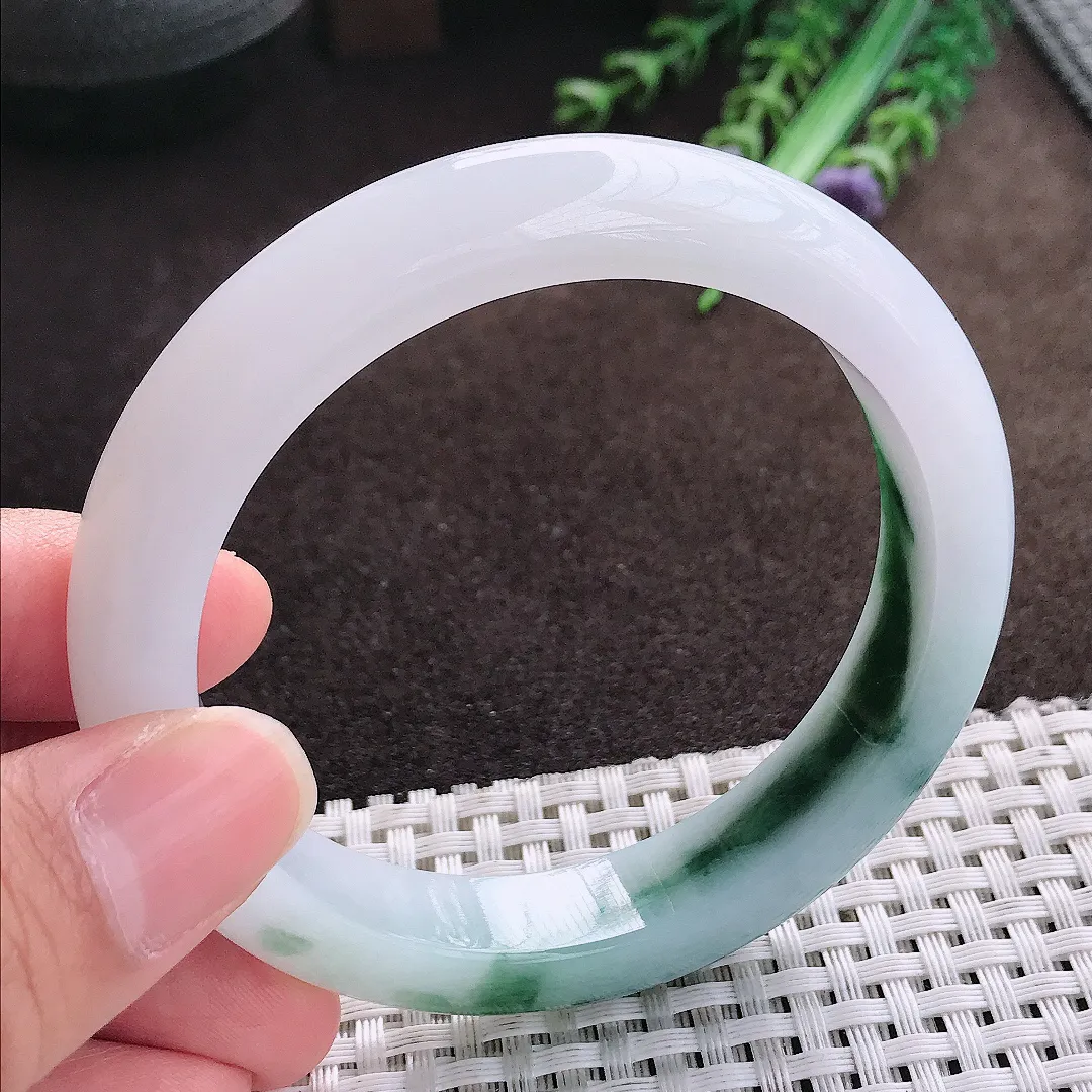 天然a货翡翠58/12.1/8.8老坑冰润起胶特色飘花手镯宽边翡翠玉手镯