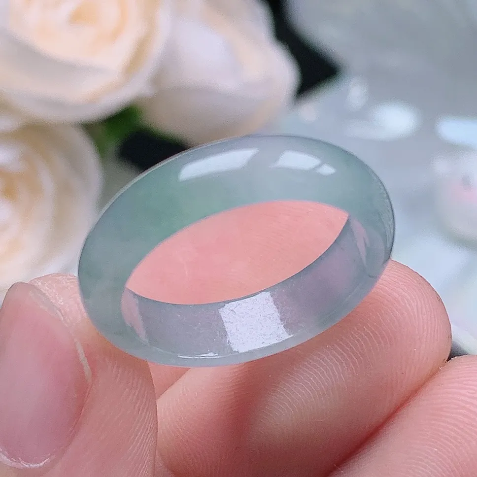 缅甸翡翠老坑种水润起胶飘花戒指玉指环  水润通透 尺寸：18.2-5.4-2.8mm 18号圈口3S