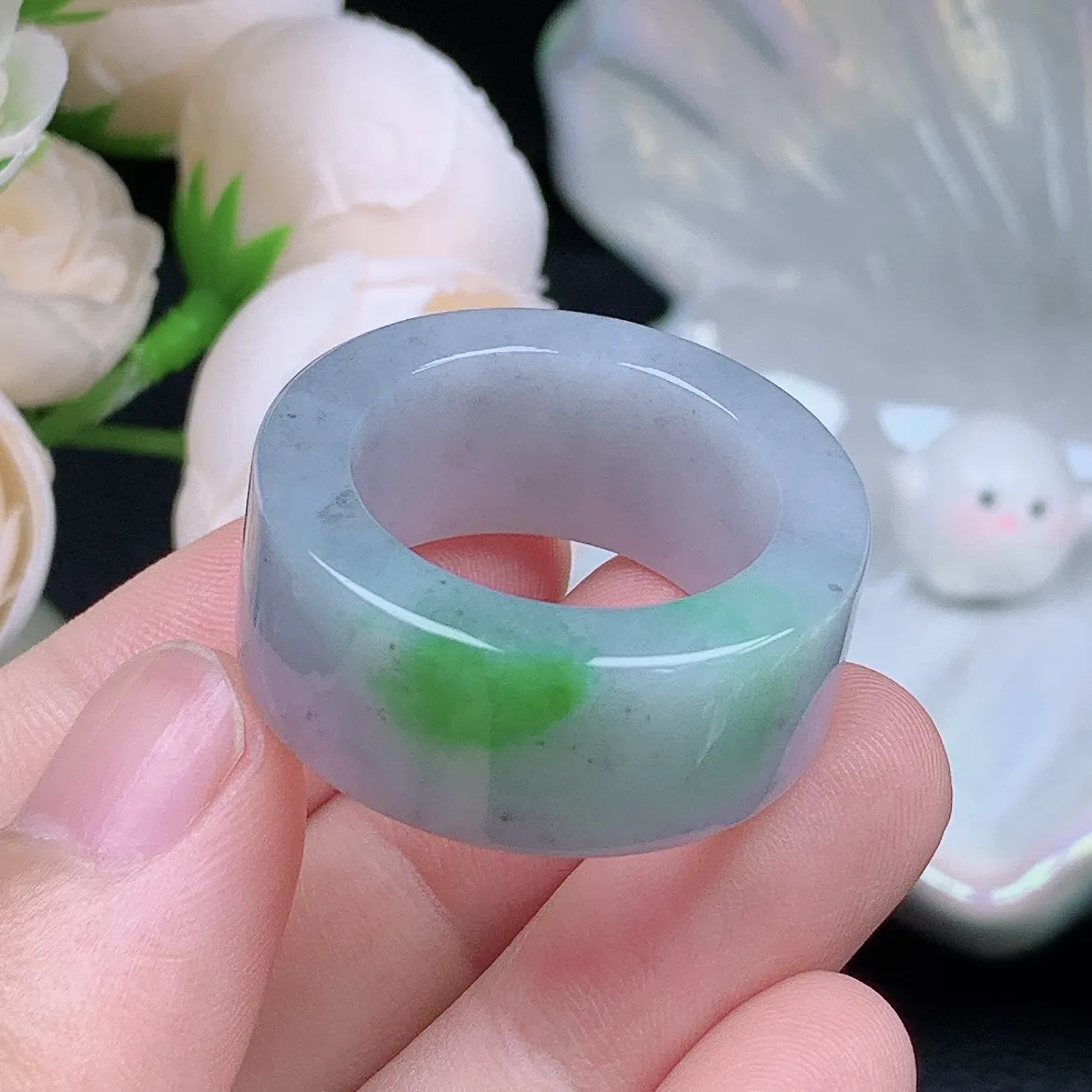 缅甸翡翠老坑种飘绿乌鸡扳指戒指玉指环  水润通透 尺寸：22.2-12.9-5.2mm 29号圈口3S