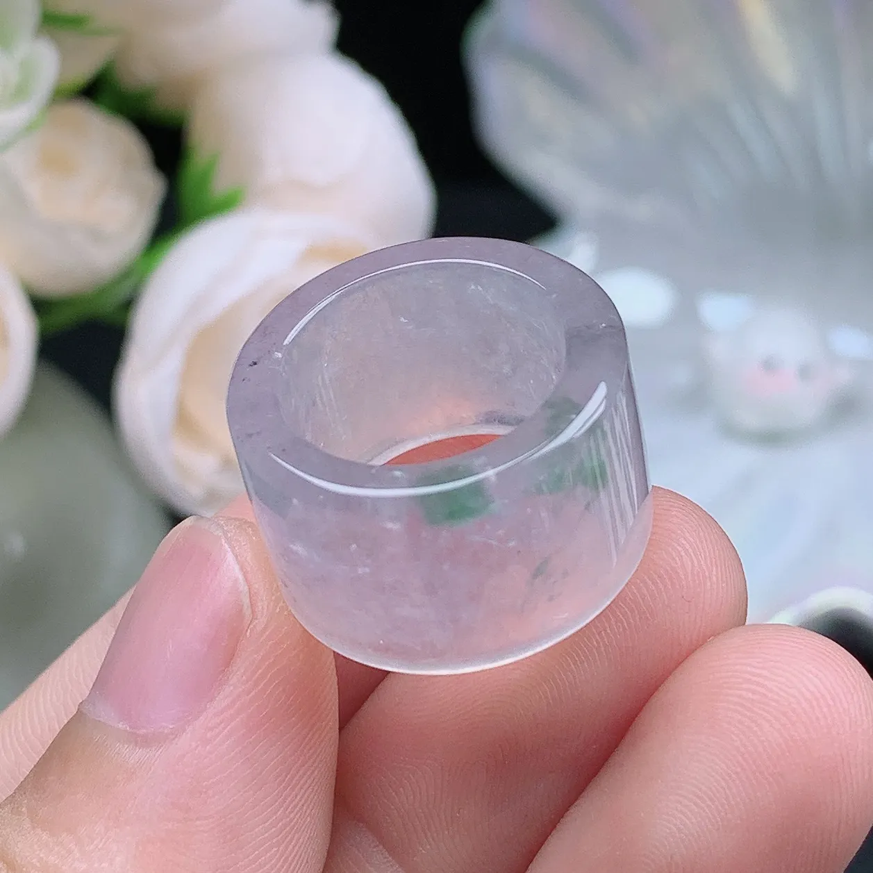 缅甸翡翠老坑冰种翡翠水润起胶小圈口飘花扳指玉指环  水润通透 尺寸：15.8-13.9-3.5mm 10号圈口4S