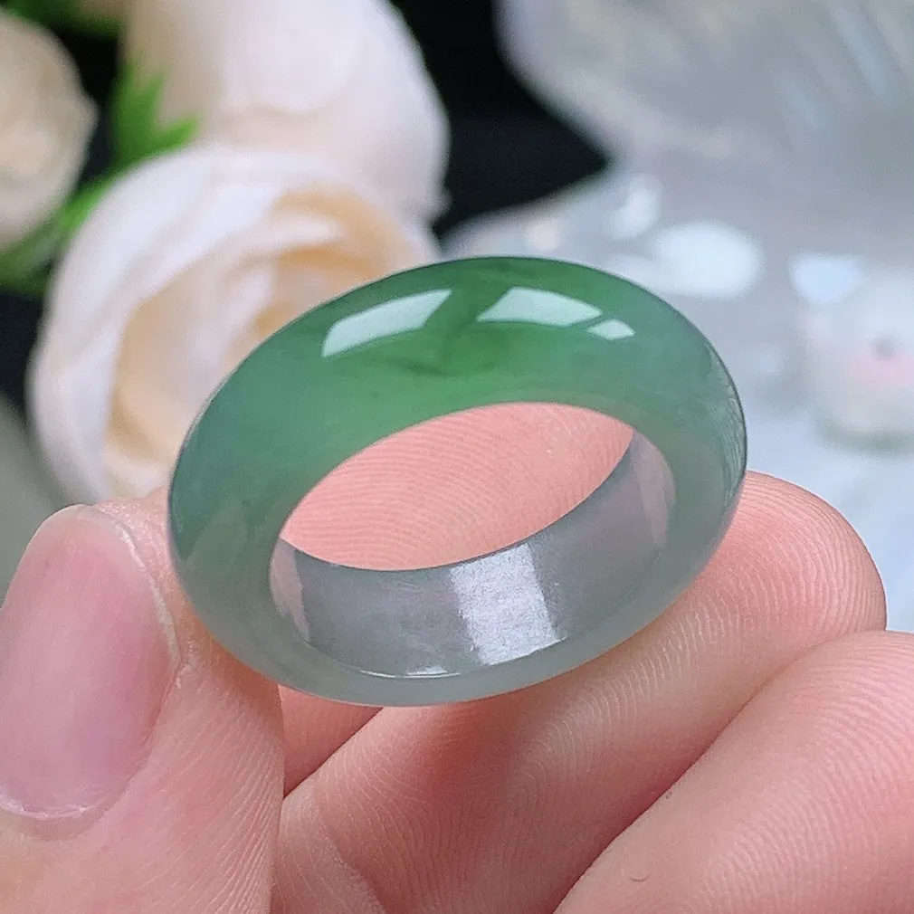 缅甸翡翠老坑种翡翠水润起胶飘绿花戒指玉指环  水润通透 尺寸：17.1-6.6-3.8mm 14号圈口4S