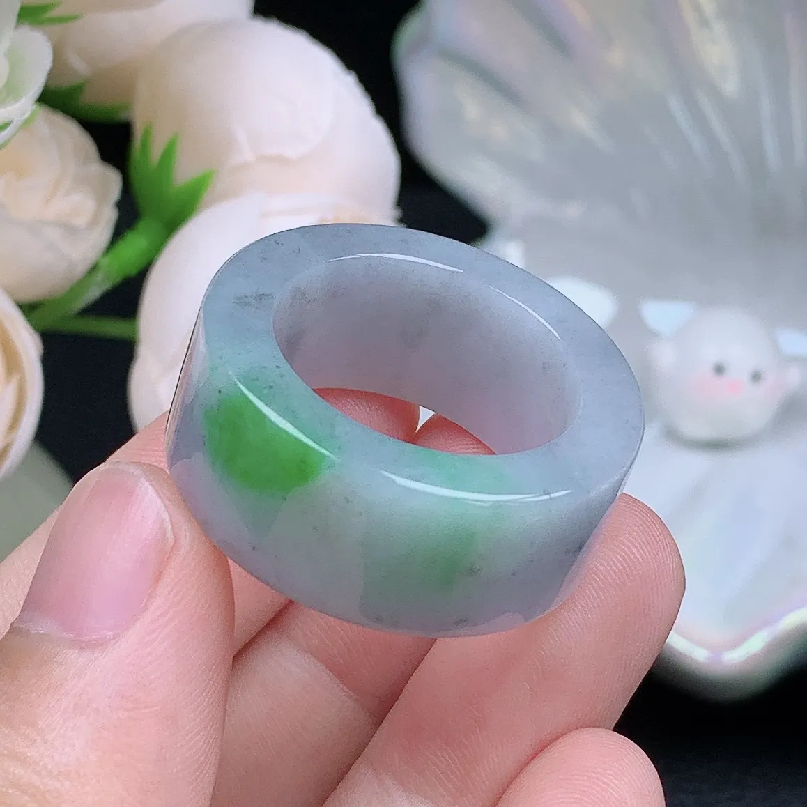 缅甸翡翠老坑种飘绿乌鸡扳指戒指玉指环  水润通透 尺寸：22.2-12.9-5.2mm 29号圈口3S