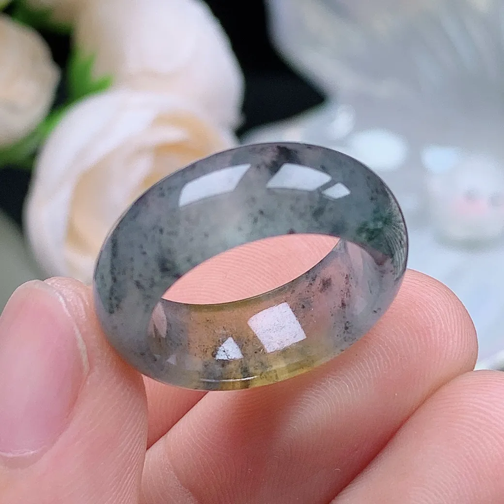 缅甸翡翠老坑冰种翡翠水润起胶轮胎冰黄乌鸡戒指玉指环  水润通透 尺寸：17-8-3.8mm 14-15号圈口4S