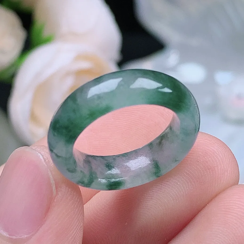 缅甸翡翠老坑冰种翡翠水润起胶飘花戒指玉指环  水润通透 尺寸：15.1-6.2-3.7mm 9-10号圈口4S