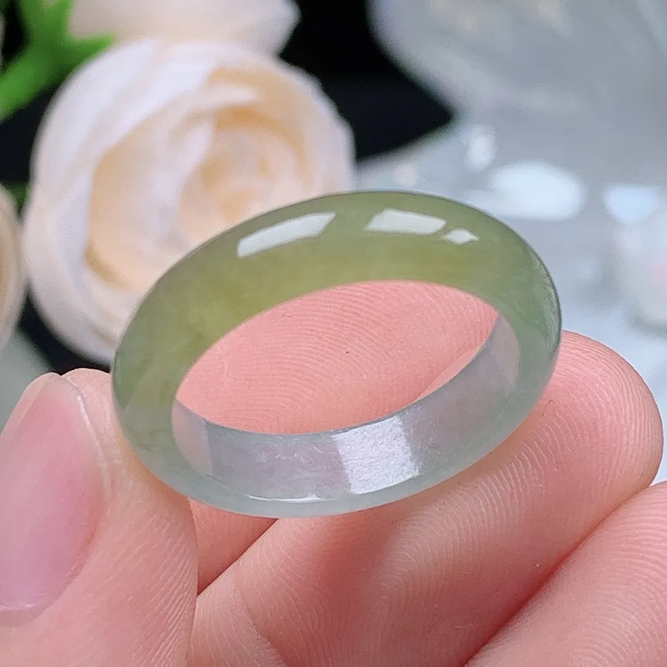 缅甸翡翠老坑种水润起胶半山水冰黄翡戒指玉指环  水润通透 尺寸：19-5.2-3mm 20号圈口3S