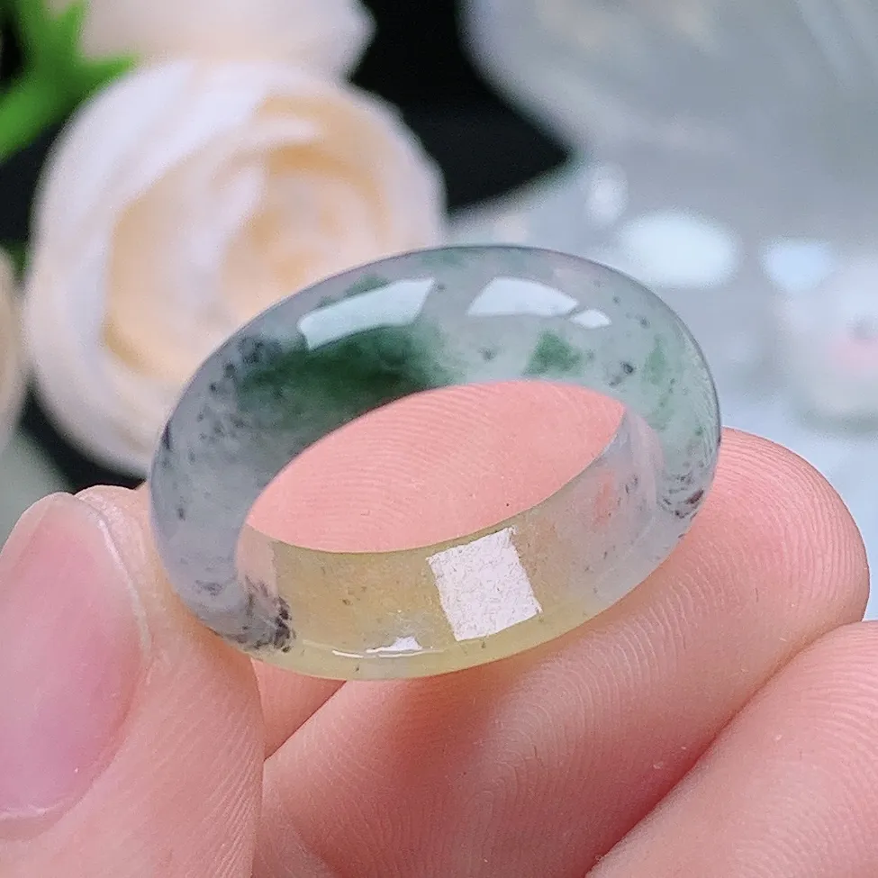 缅甸翡翠老坑冰种多彩冰黄乌鸡戒指玉指环  水润通透 尺寸：17.2-6.2-3mm 14-15号圈口3S