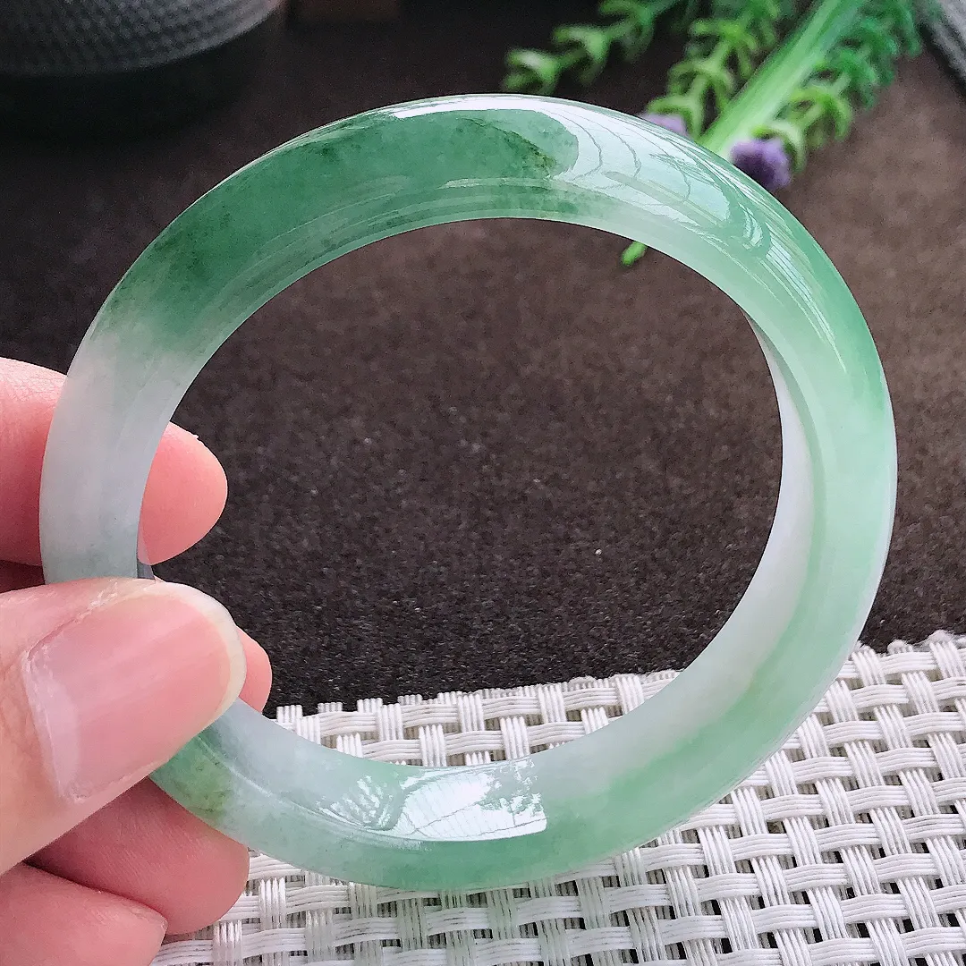 天然a货翡翠56/13.3/8老坑冰胶果冻飘花手镯宽边翡翠玉手镯