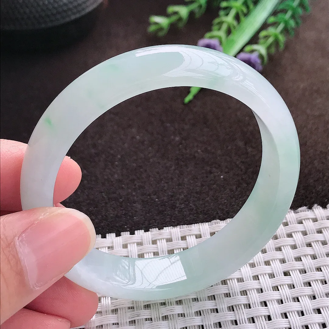 天然a货翡翠52/12.8/6.8老坑冰胶果冻飘花手镯宽小圈口翡翠玉手镯