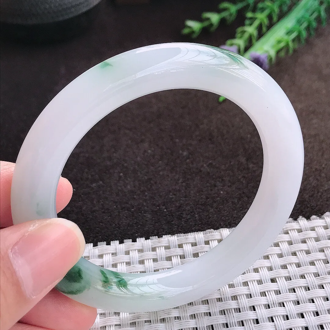 天然a货翡翠54.8/10.3/10老坑冰胶水灵飘花圆条手镯翡翠玉手镯