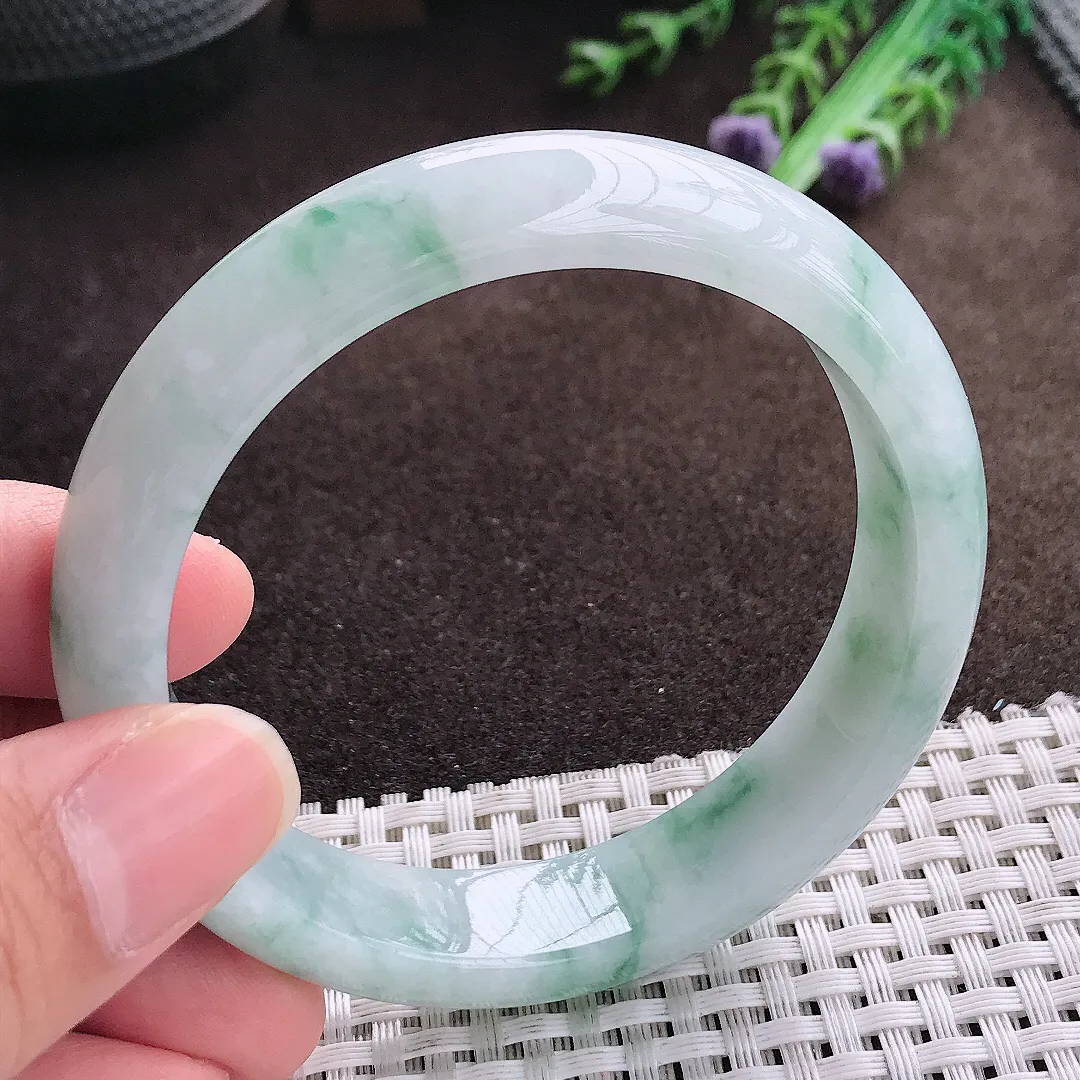 天然a货翡翠57.8/13.5/8老坑精美冰润飘花手镯宽边翡翠玉手镯