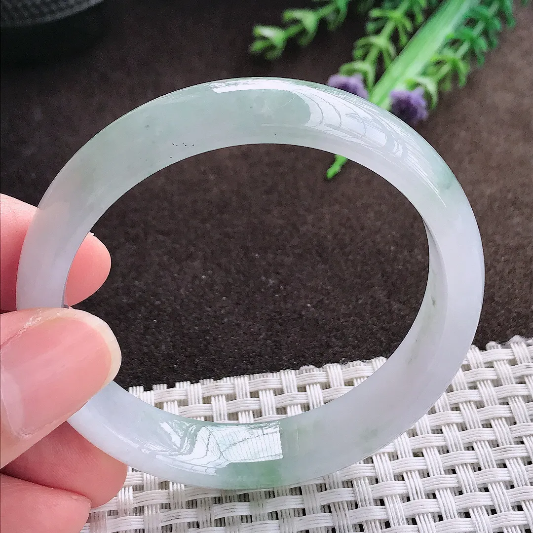 天然a货翡翠53.8/12.5/6.7老坑冰胶水灵飘花手镯宽边翡翠玉手镯