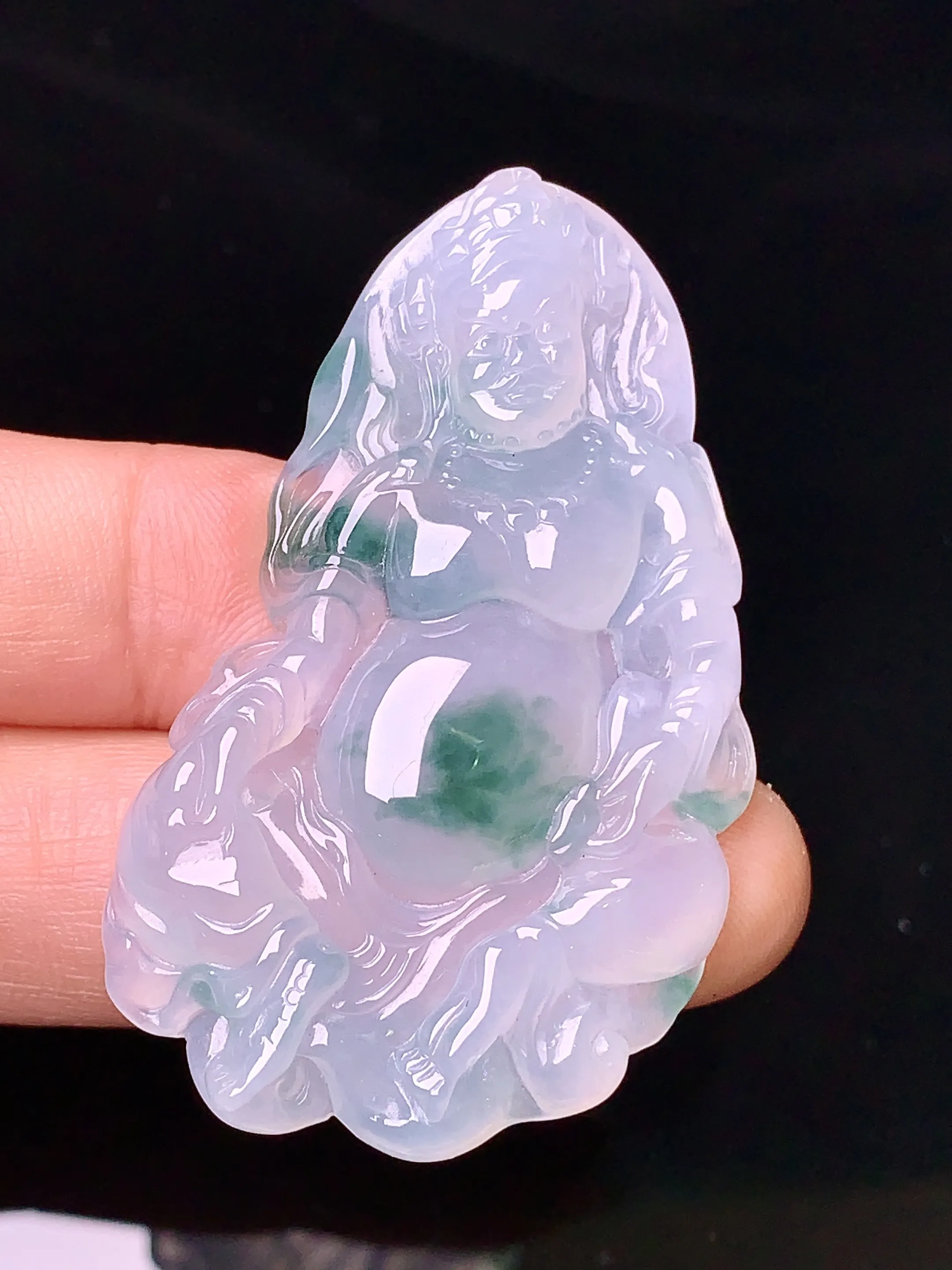 冰种飘绿黄财神吊坠 玉质细腻 色泽清新艳丽 整体尺寸48.5*28.8*5