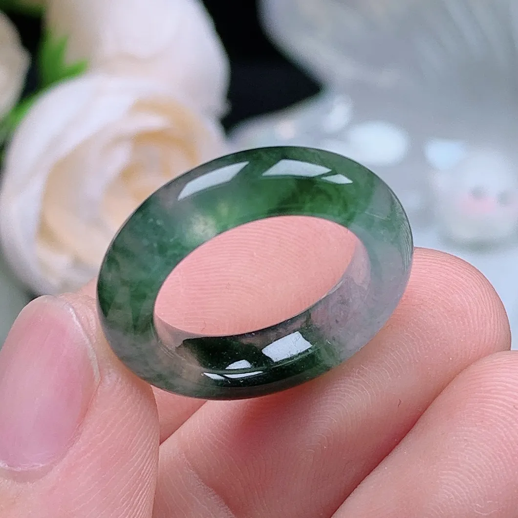 缅甸翡翠老坑冰种水润起胶飘花戒指玉指环  水润通透 尺寸：15.9-5.5-4.1mm 11号圈口3S