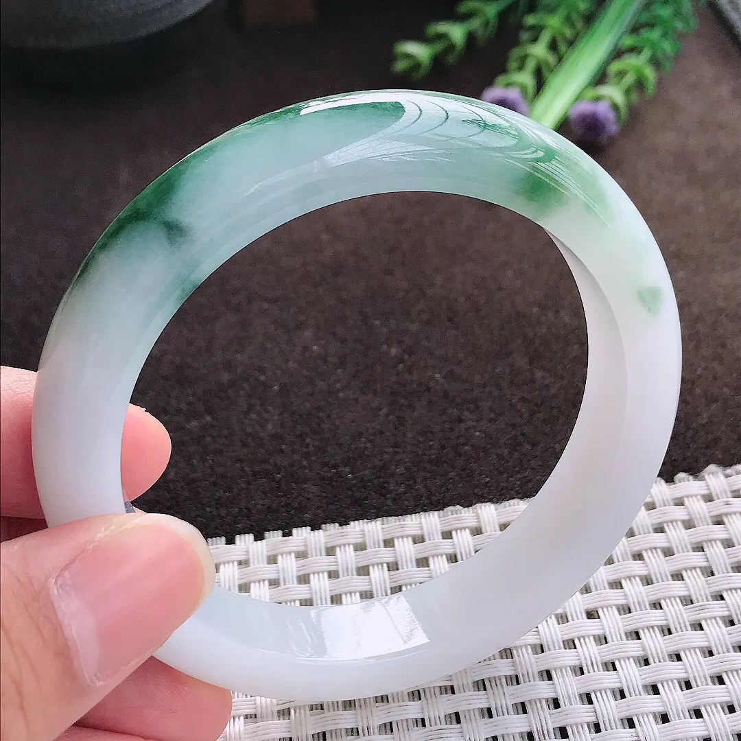 天然a货翡翠58/12.1/8.8老坑冰润起胶特色飘花手镯宽边翡翠玉手镯