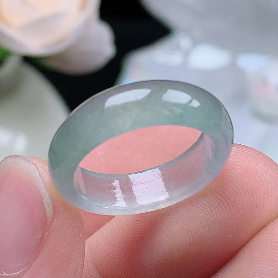 缅甸翡翠老坑冰种翡翠水润起胶晴底半山水戒指玉指环  水润通透 尺寸：17-5.6-3mm 13-14号圈口4S