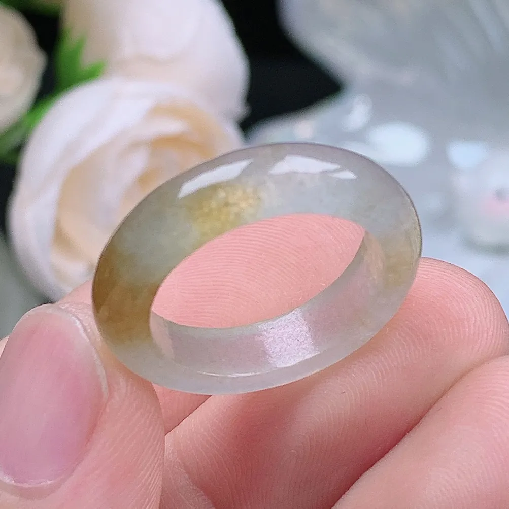 缅甸翡翠老坑冰种翡翠水润起胶冰黄翡戒指玉指环  水润通透 尺寸：17.5-5.4-3.7mm 15号圈口4S