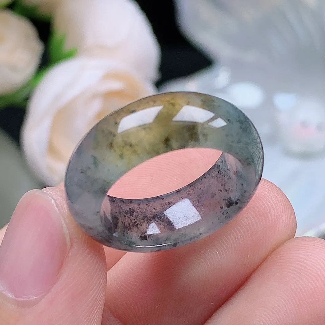 缅甸翡翠老坑冰种翡翠水润起胶轮胎冰黄乌鸡戒指玉指环  水润通透 尺寸：17-8-3.8mm 14-15号圈口4S