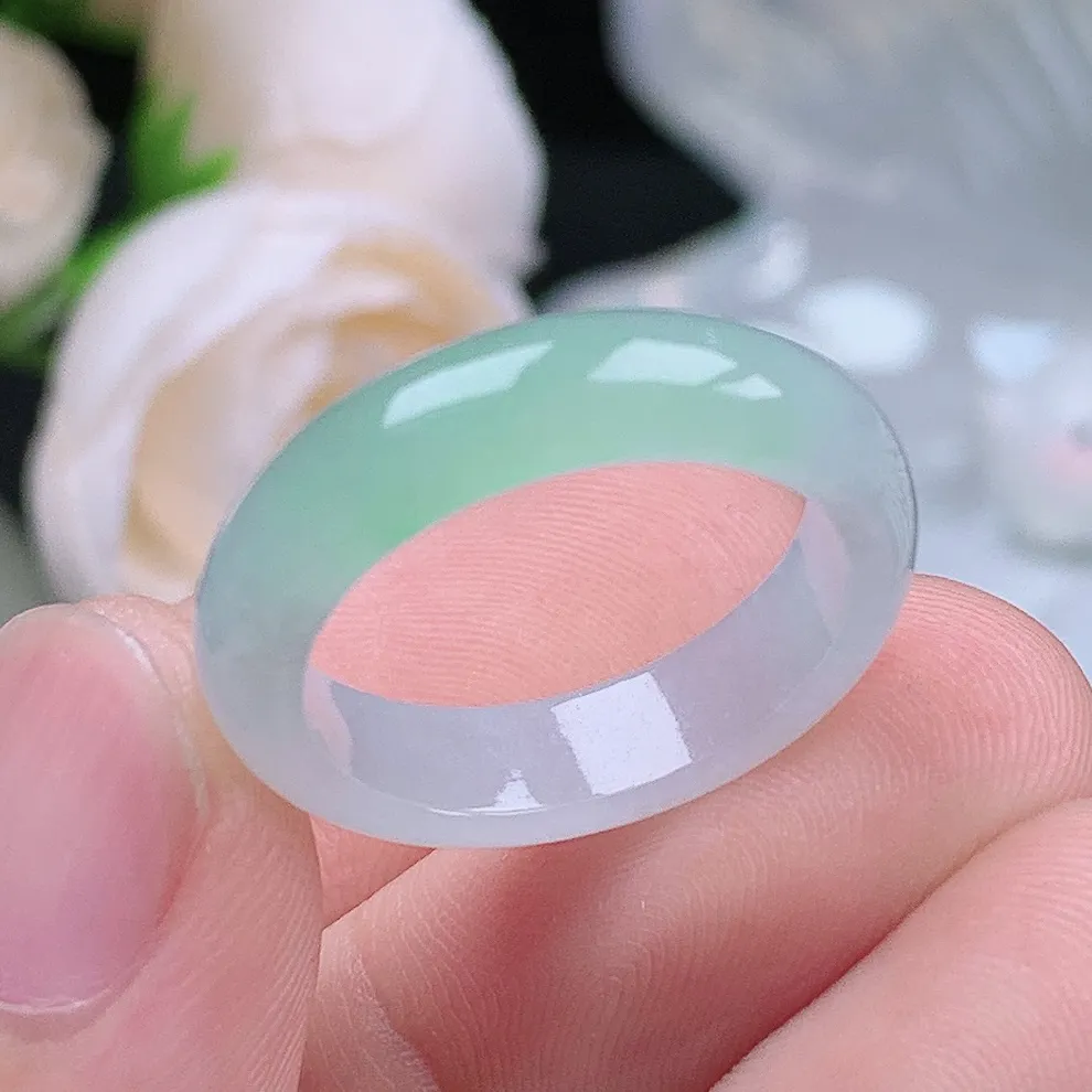 缅甸翡翠老坑种翡翠水润起胶飘绿戒指玉指环  水润通透 尺寸：18.1-5.3-3.1mm 17-18号圈口4S