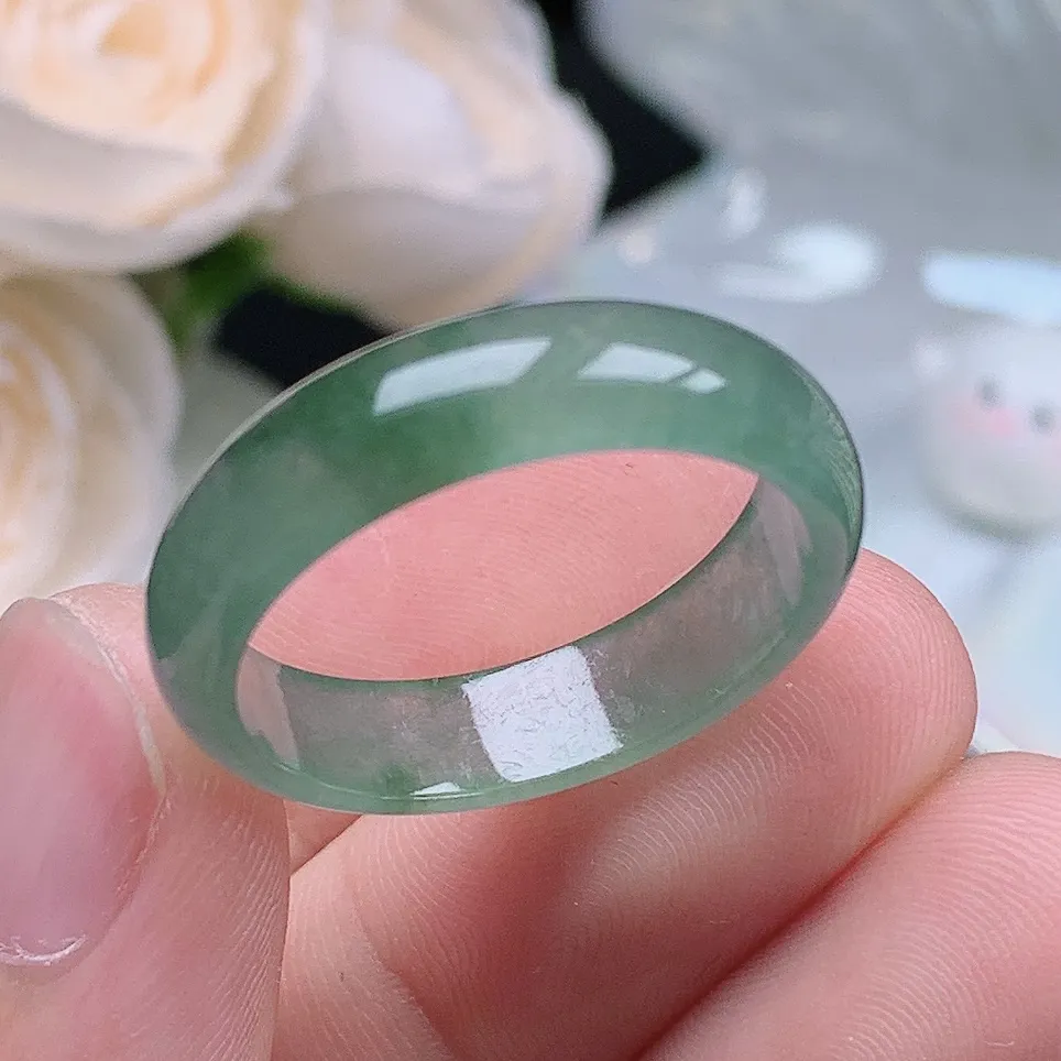 缅甸翡翠老坑冰种翡翠水润大圈口晴水飘花戒指玉指环  水润通透 尺寸：21.5-6-2.8mm 26-