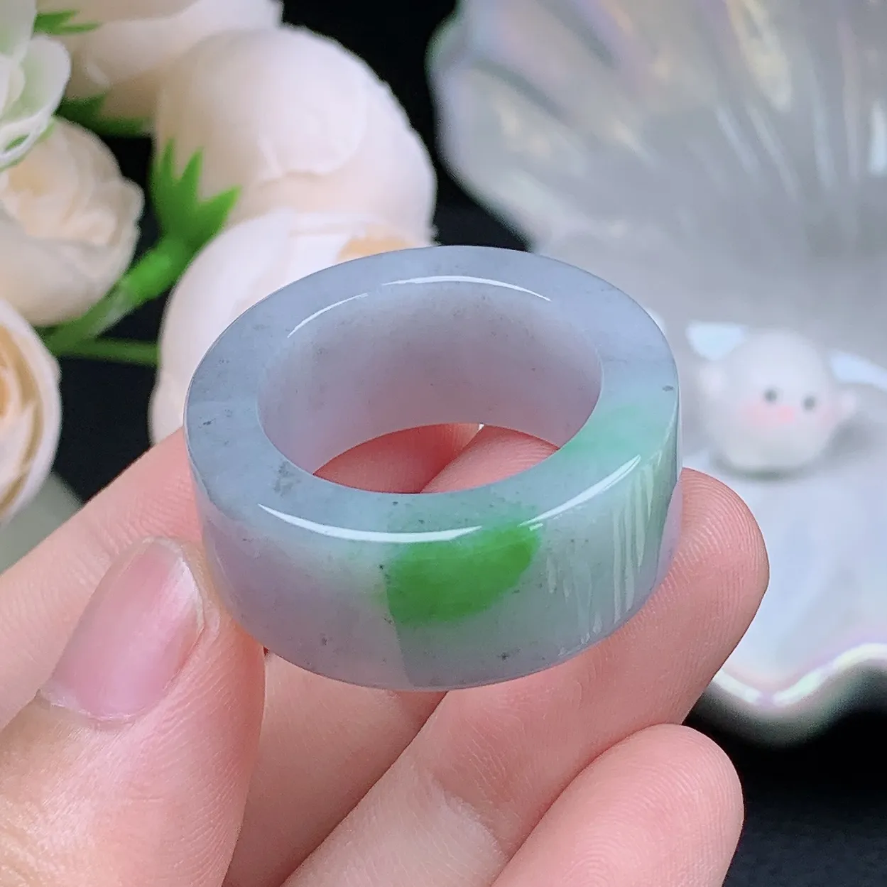 缅甸翡翠老坑种飘绿乌鸡扳指戒指玉指环  水润通透 尺寸：22.2-12.9-5.2mm 29号圈口3S